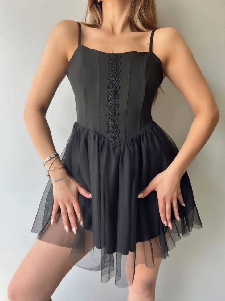 ⁦13389 فستان زخرفة مع شيفون 44/38 أسود⁩ - الصورة ⁦6⁩