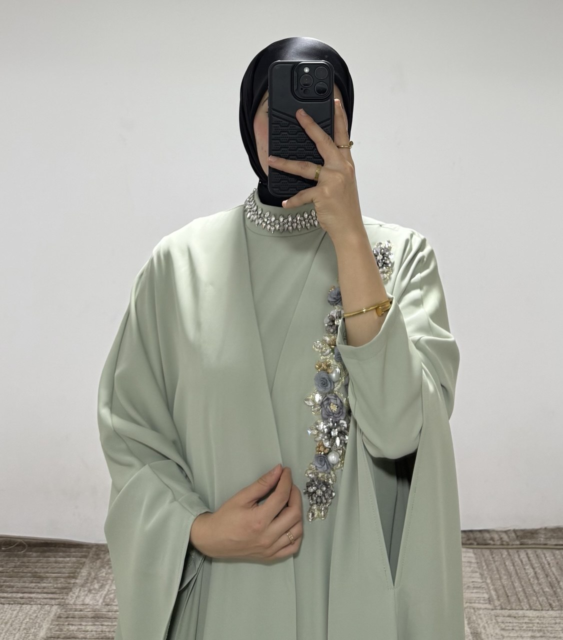JS021 عباي قطعتين مع زخرفة 50/38 أخضر - الصورة 5