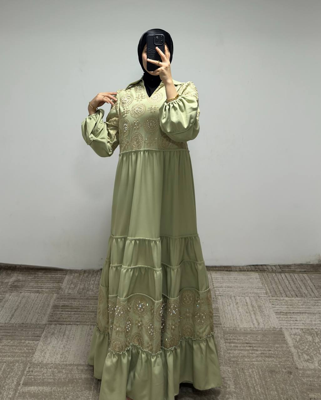 K83 فستان قبة منقوش مع حزام 46/38 أخضر فاتح - الصورة 3