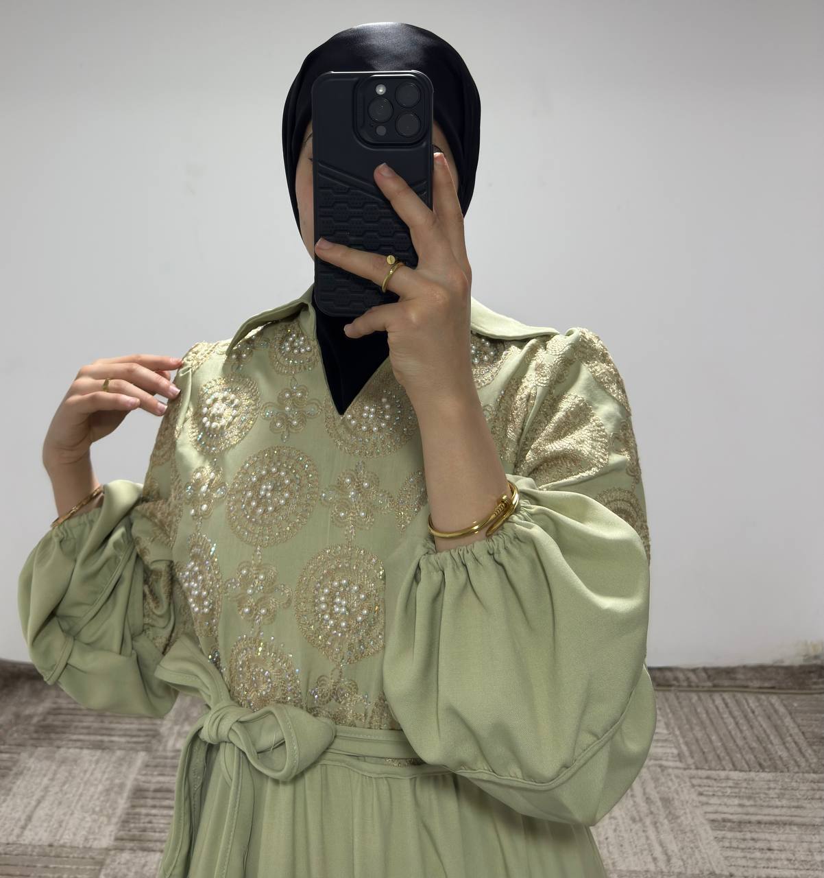 K83 فستان قبة منقوش مع حزام 46/38 أخضر فاتح - الصورة 6